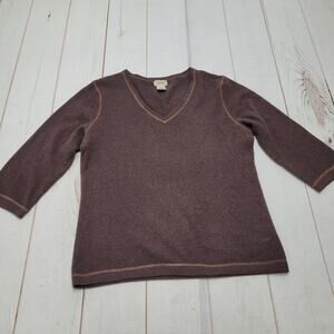 Vintage LL Bean 100% cashmere brown sweater 3/4 sleeve V neck stitched